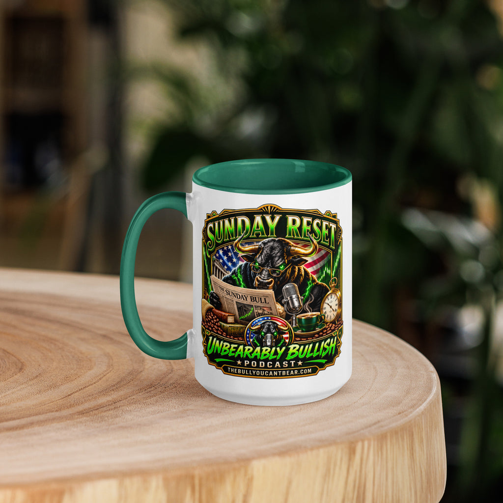 Sunday Reset Mug with dark green interior, 15 oz, left side