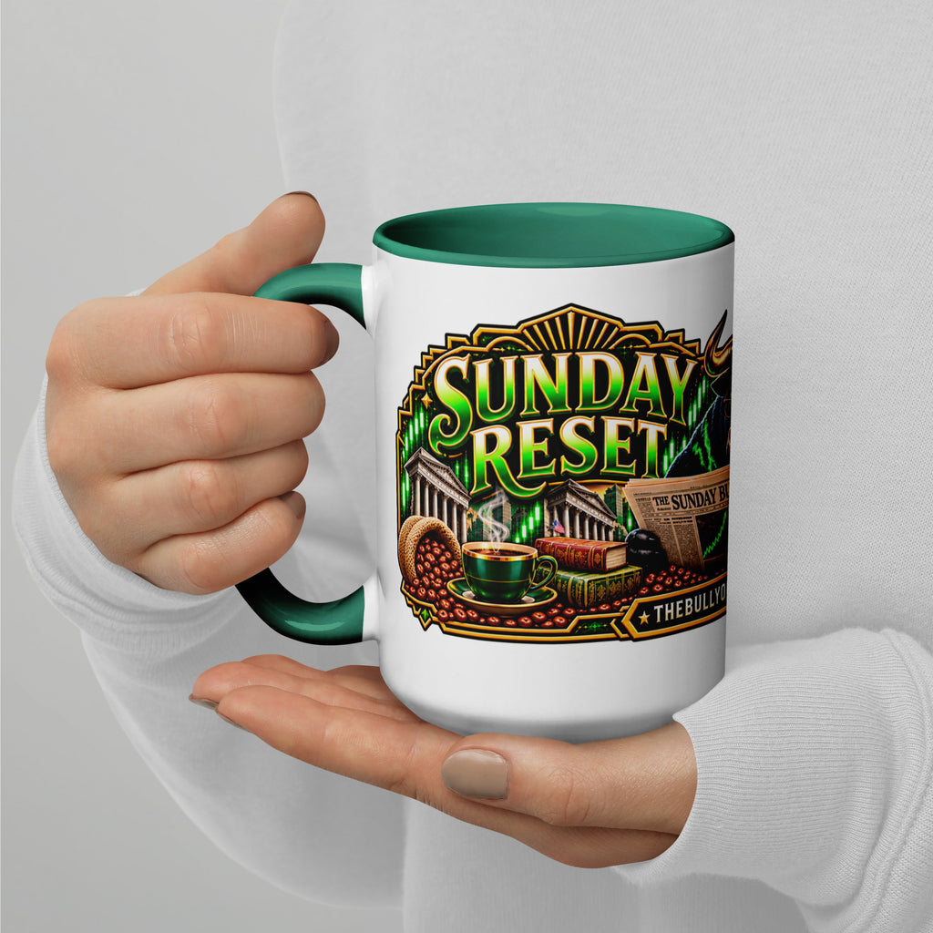 Sunday Reset Panorama Wrap Mug with dark green interior, 15 oz, left side alternate view