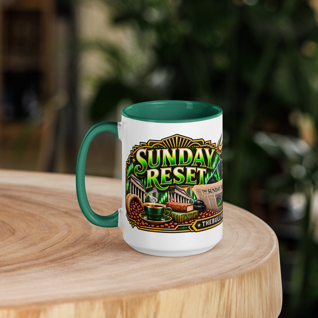 Sunday Reset Panorama Wrap Mug with dark green interior, 15 oz, left side