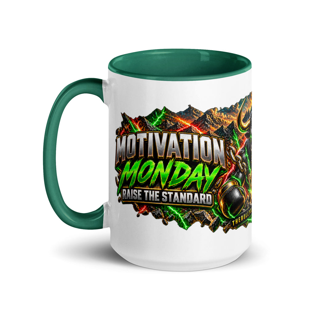 Motivation Monday Own The Week Mug with dark green interior, 15 oz, left side