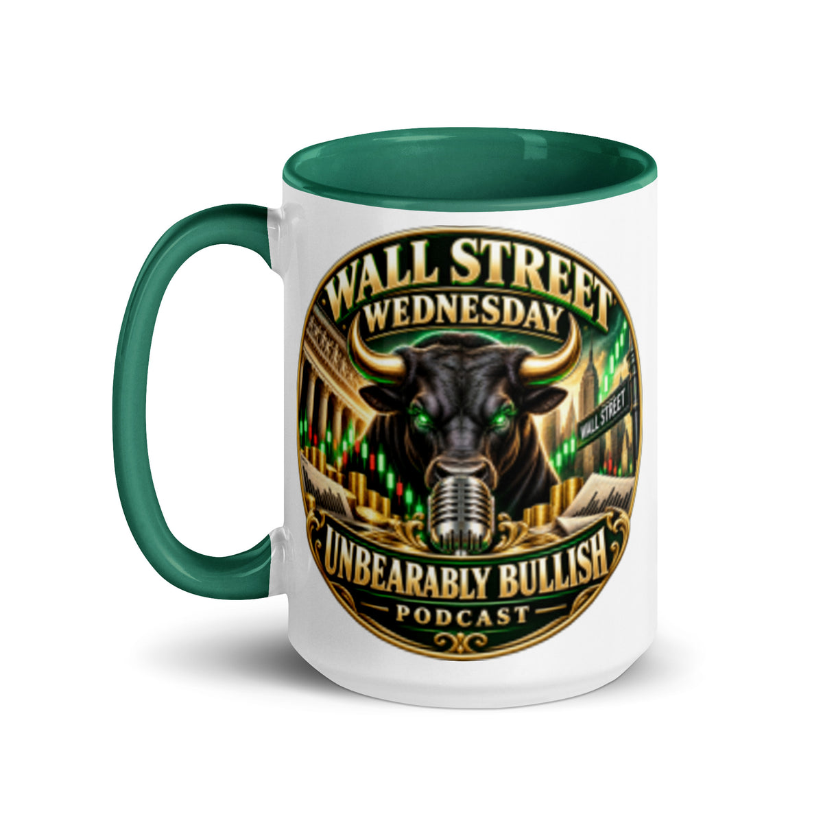 Wall Street Wednesday Mug with dark green interior, 15 oz, left side