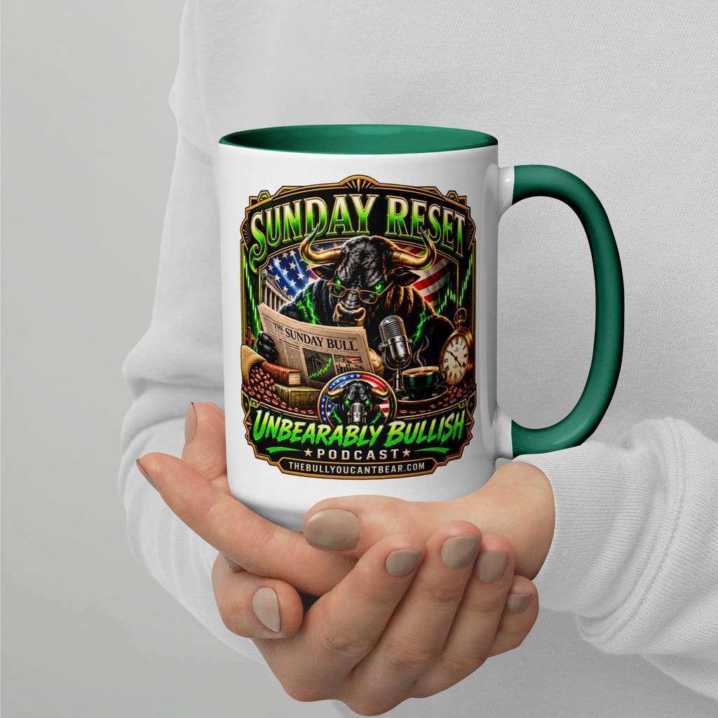 Sunday Reset Mug with dark green interior, 15 oz, right side alternate view