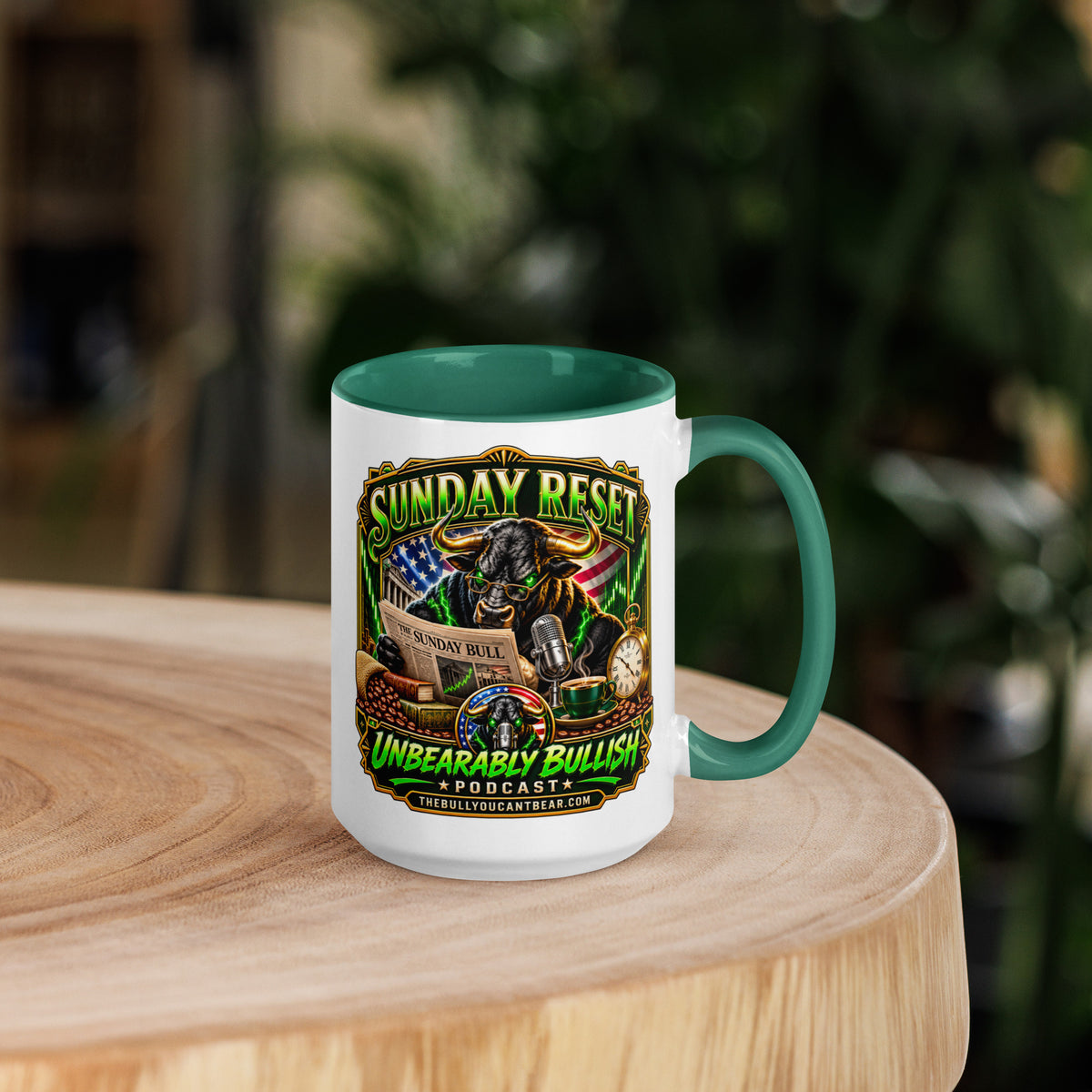 Sunday Reset Mug with dark green interior, 15 oz, right side