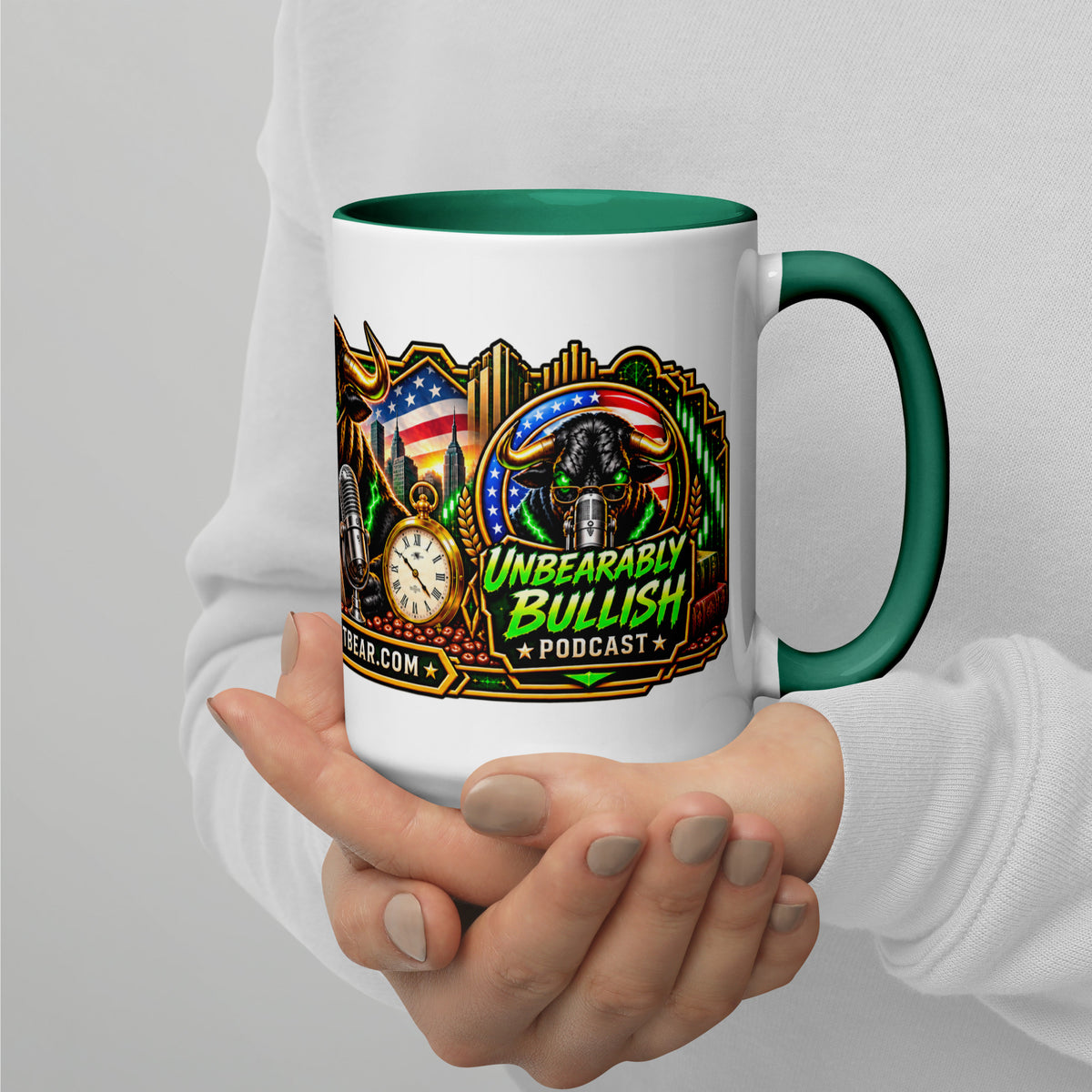 Sunday Reset Panorama Wrap Mug with dark green interior, 15 oz, right side alternate view