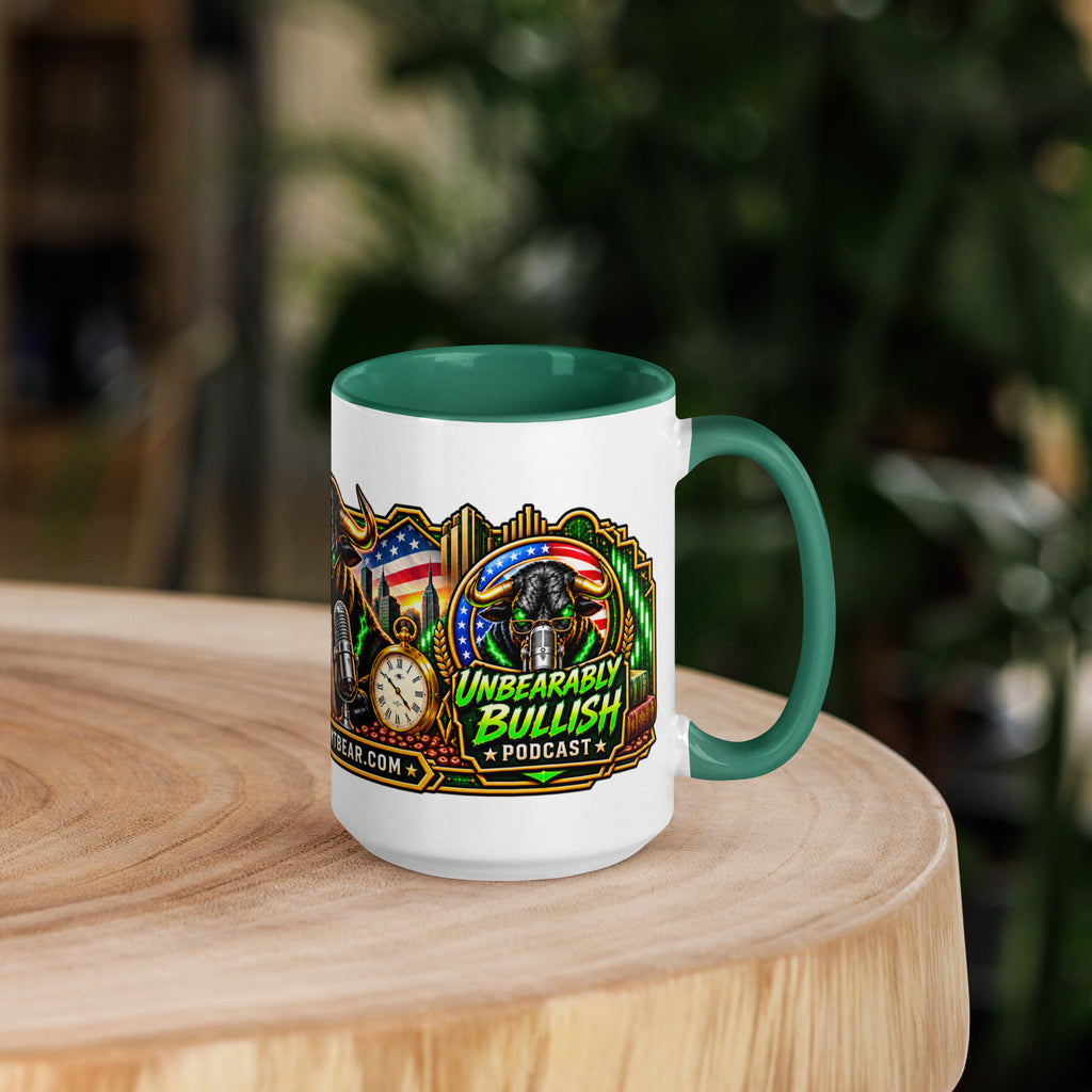 Sunday Reset Panorama Wrap Mug with dark green interior, 15 oz, right side