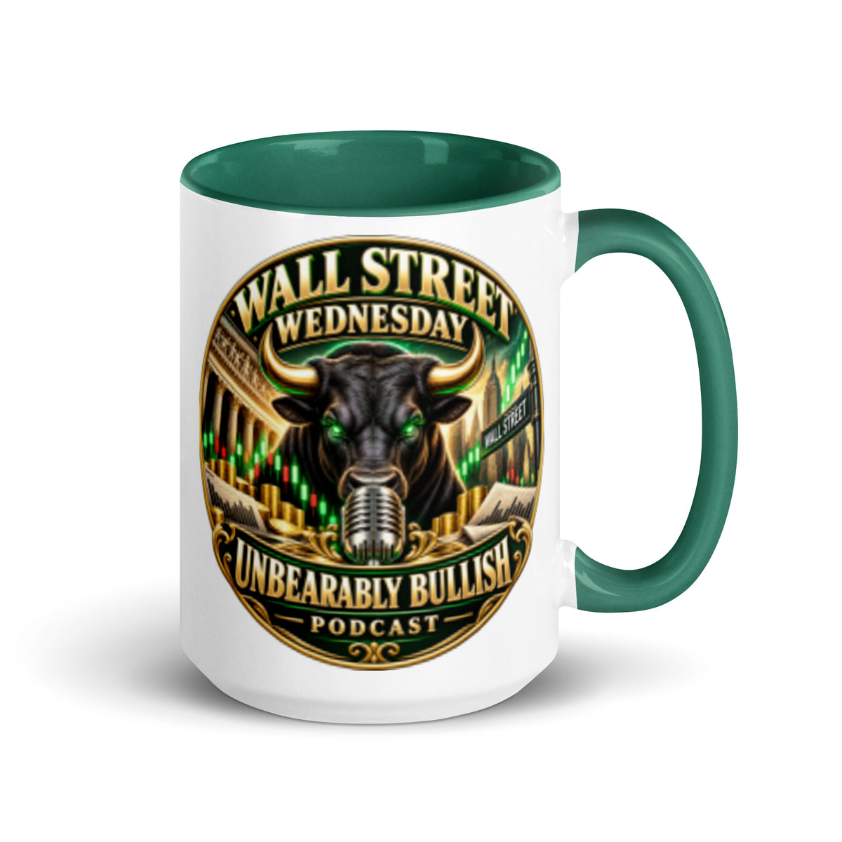 Wall Street Wednesday Mug with dark green interior, 15 oz, right side