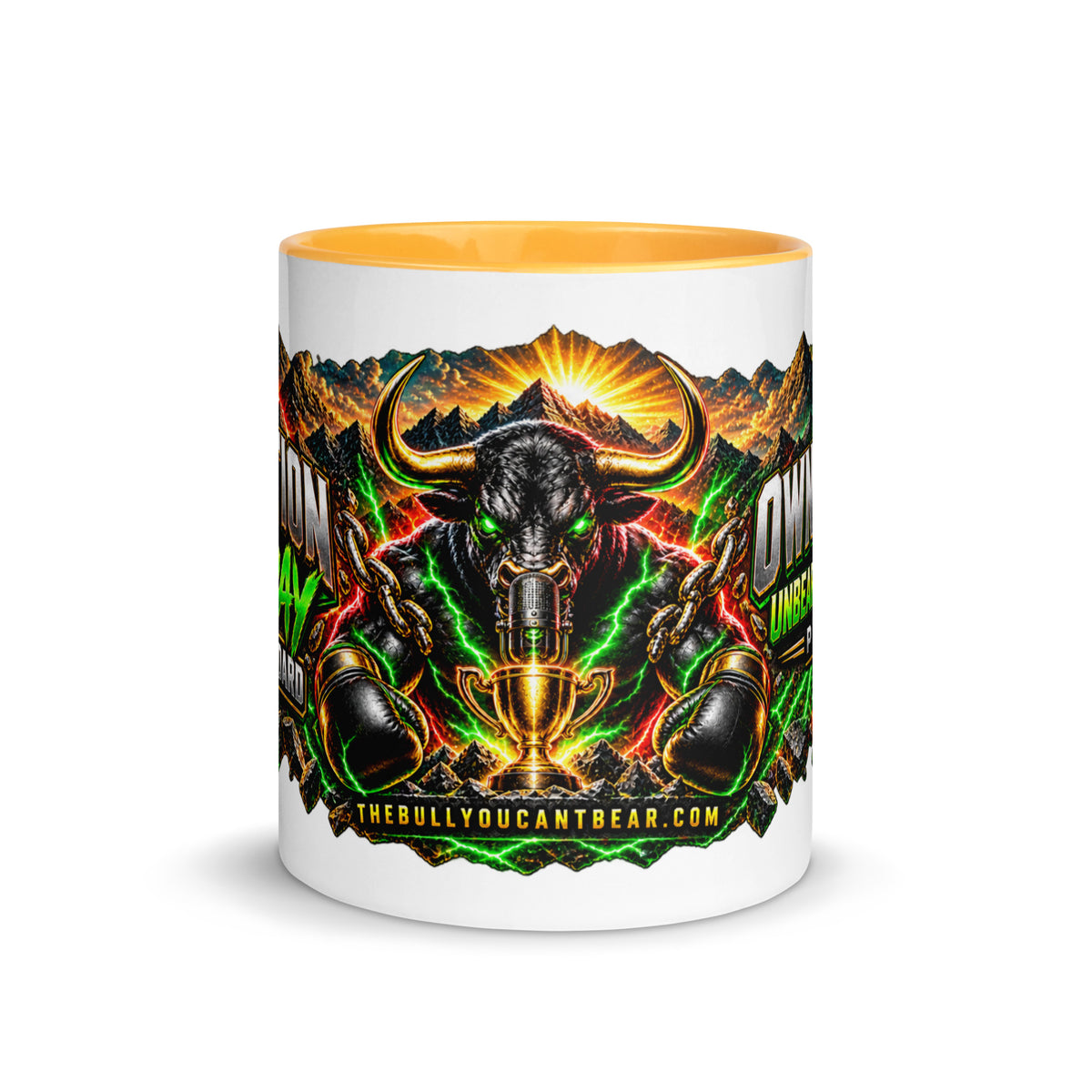 Motivation Monday Own The Week Mug with golden yellow interior, 11 oz, front view