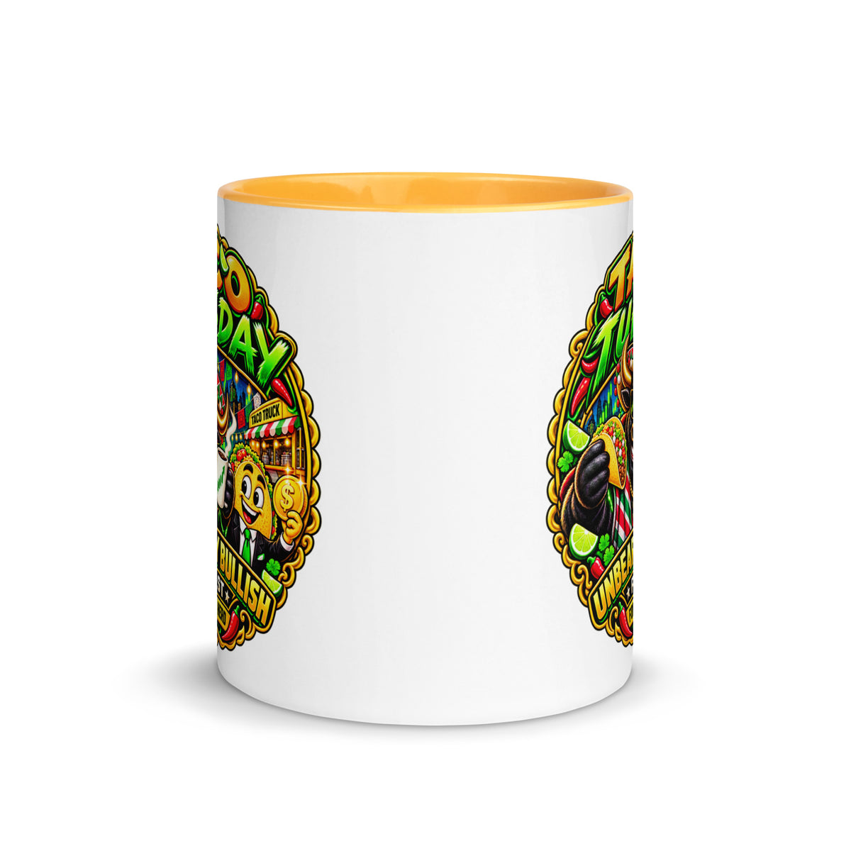 Taco Tuesday Mug with golden yellow interior, 11 oz, front view