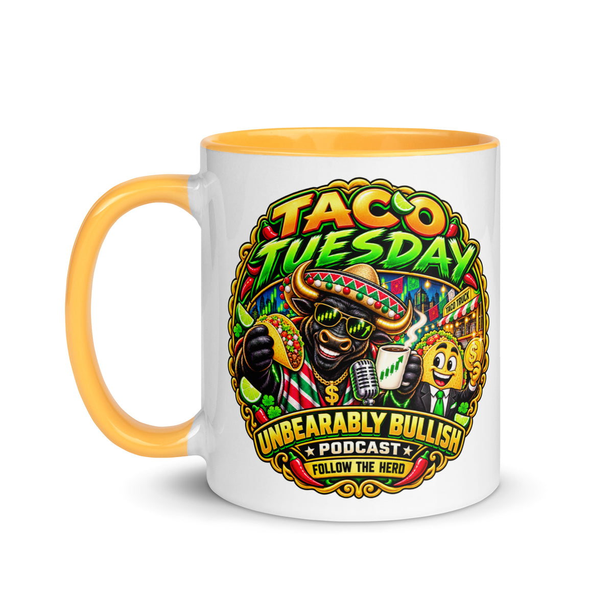 Taco Tuesday Mug with golden yellow interior, 11 oz, left side