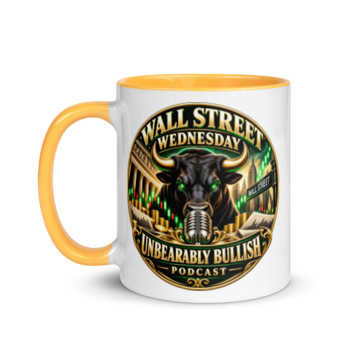 Wall Street Wednesday Mug with golden yellow interior, 11 oz, left side