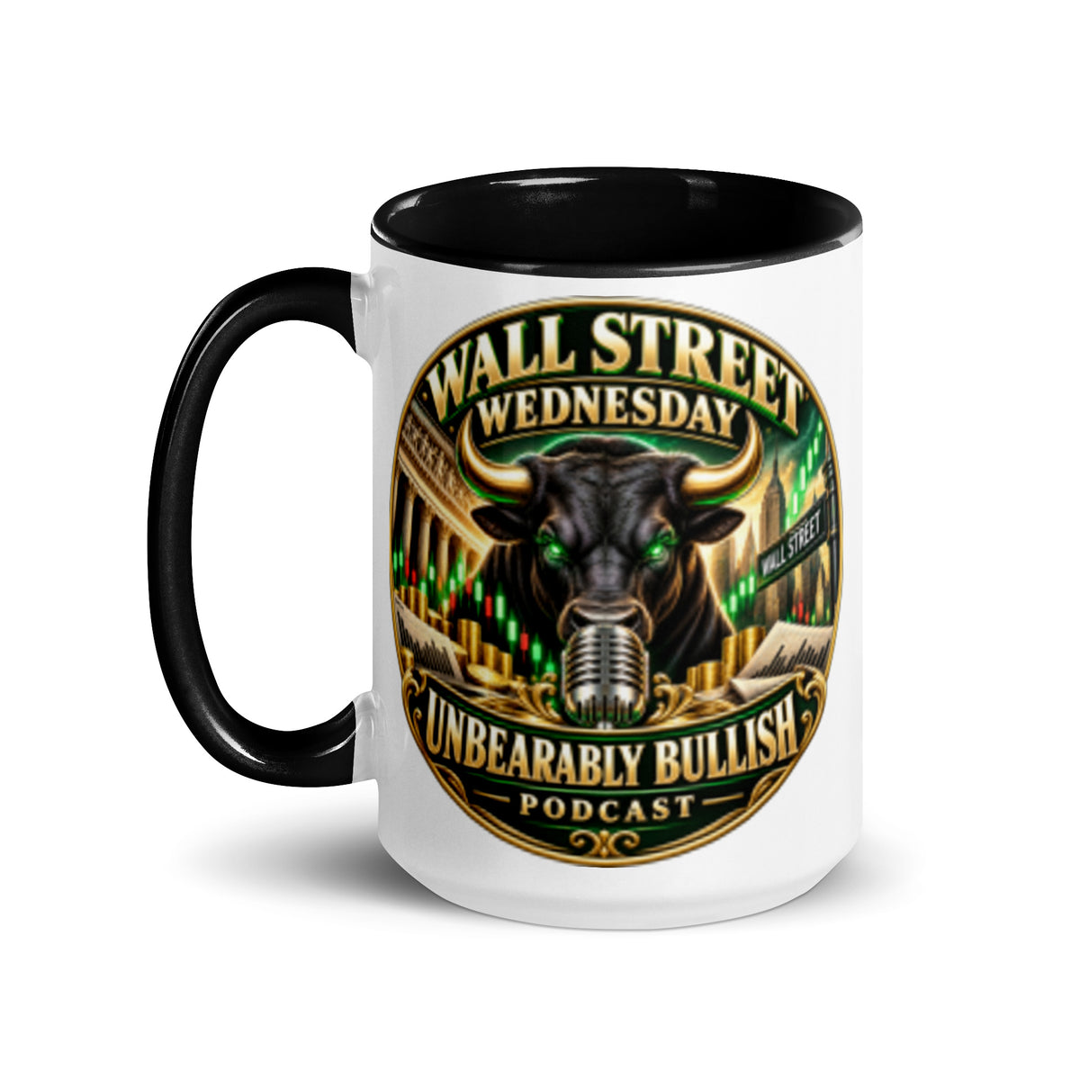 Wall Street Wednesday Mug with golden yellow interior, 15 oz, left side