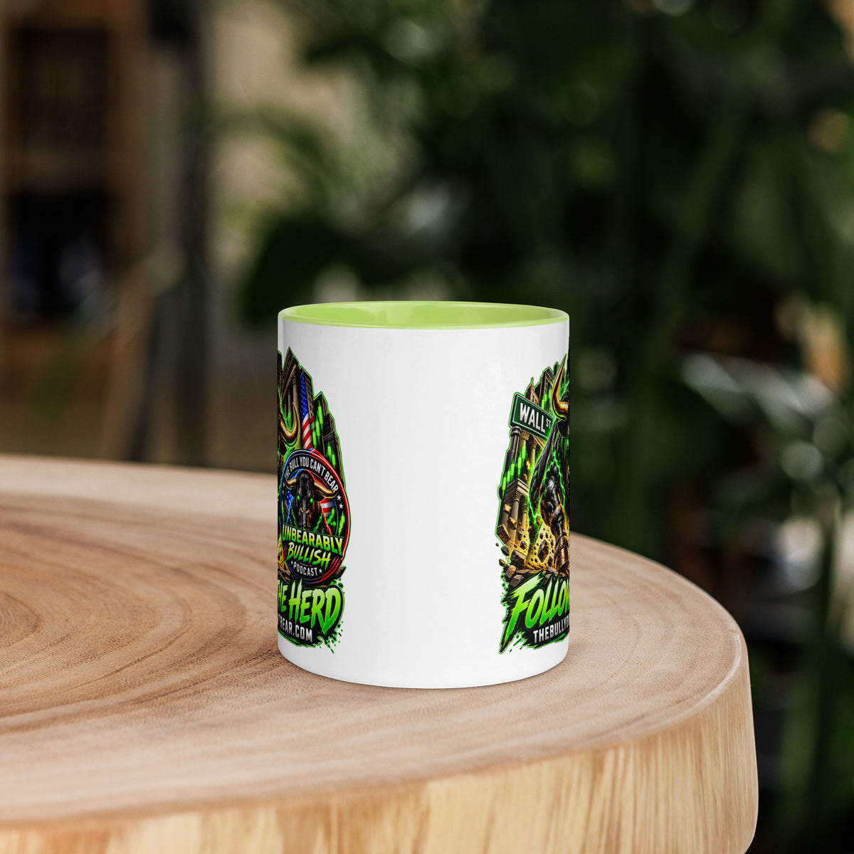 Charging Bull Follow The Herd Mug with lime green interior, 11 oz, front view