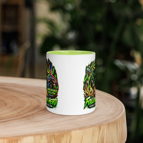 Charging Bull Follow The Herd Mug with lime green interior, 11 oz, front view