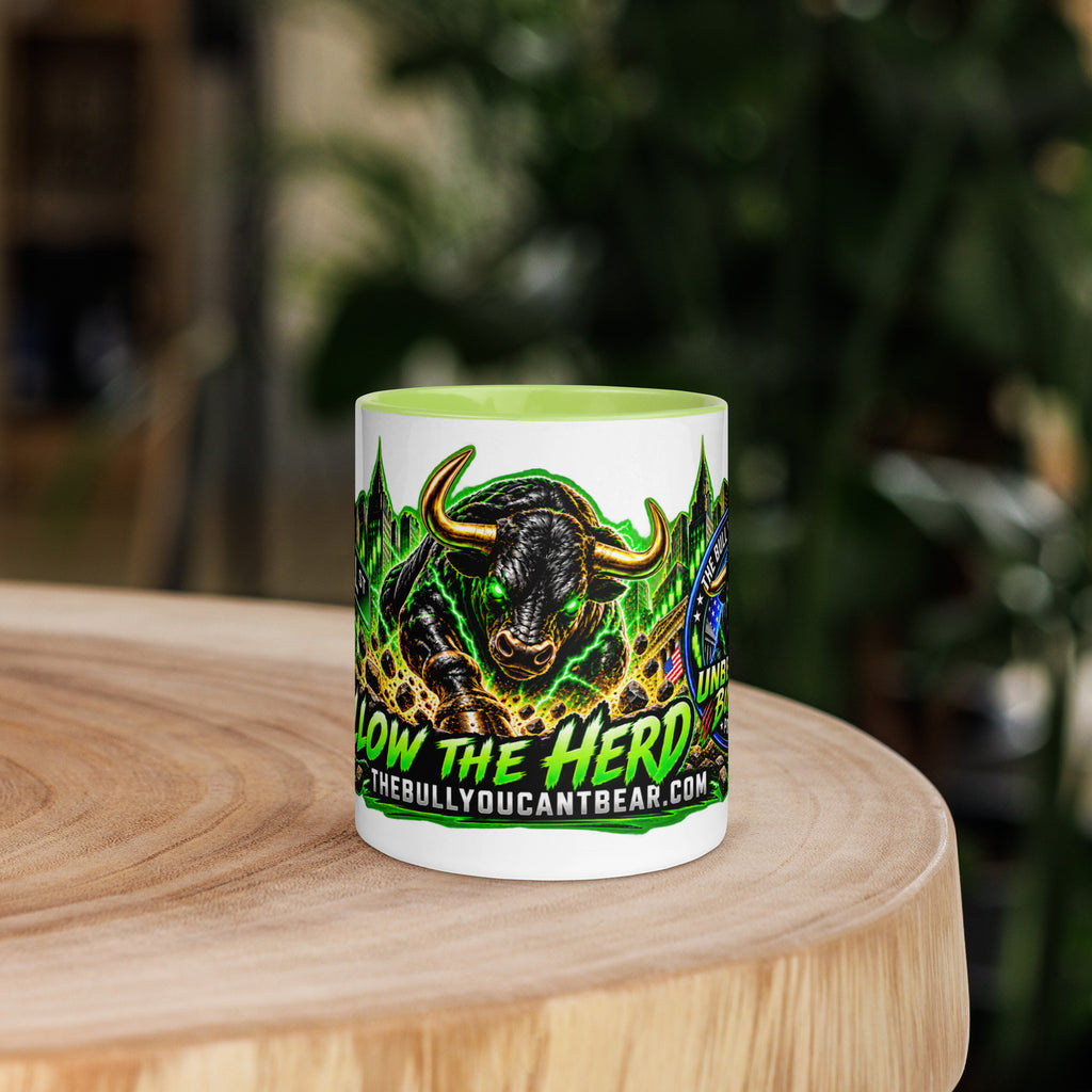 Wall Street Bull Panorama Wrap Mug with lime green interior, 11 oz, front view