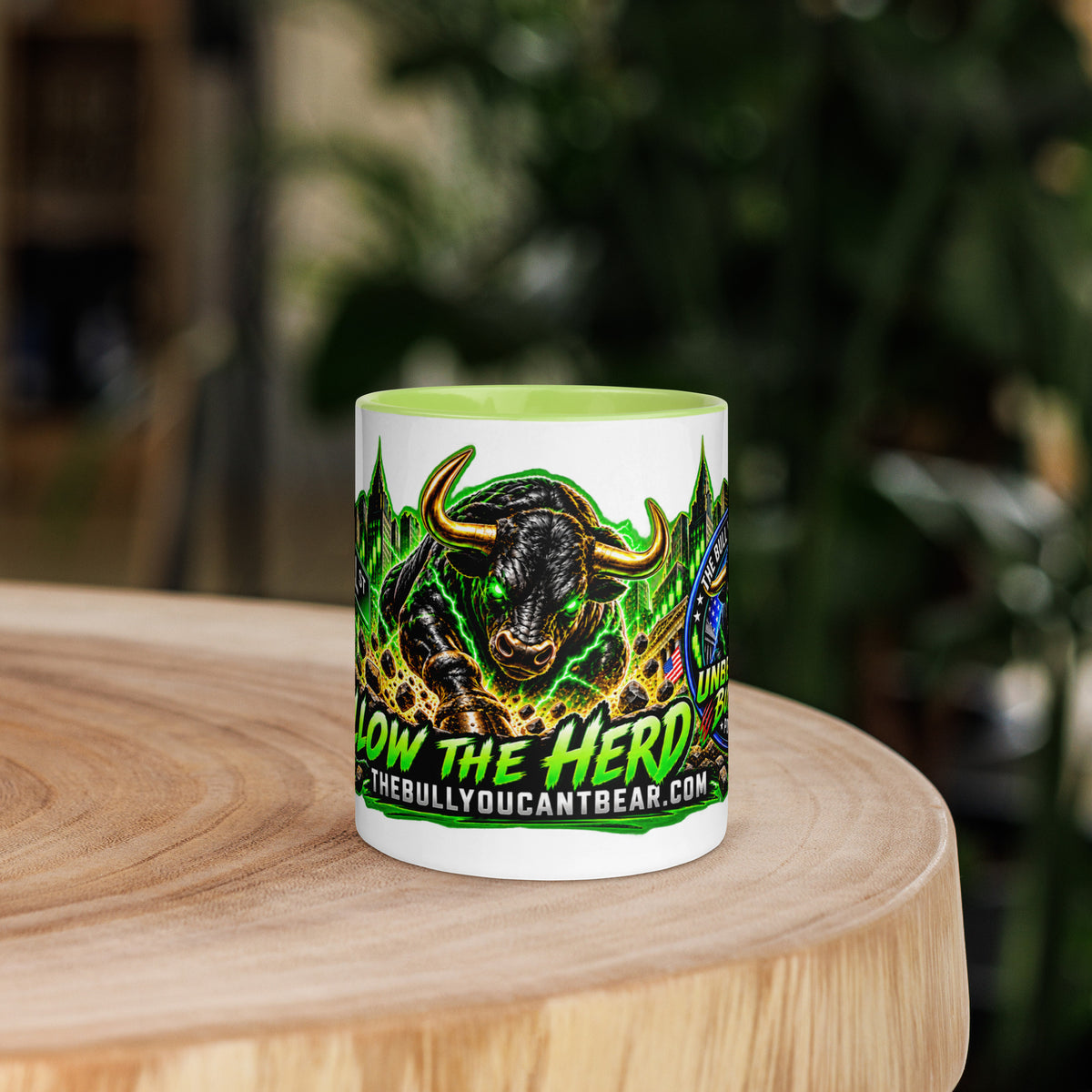 Wall Street Bull Panorama Wrap Mug with lime green interior, 11 oz, front view