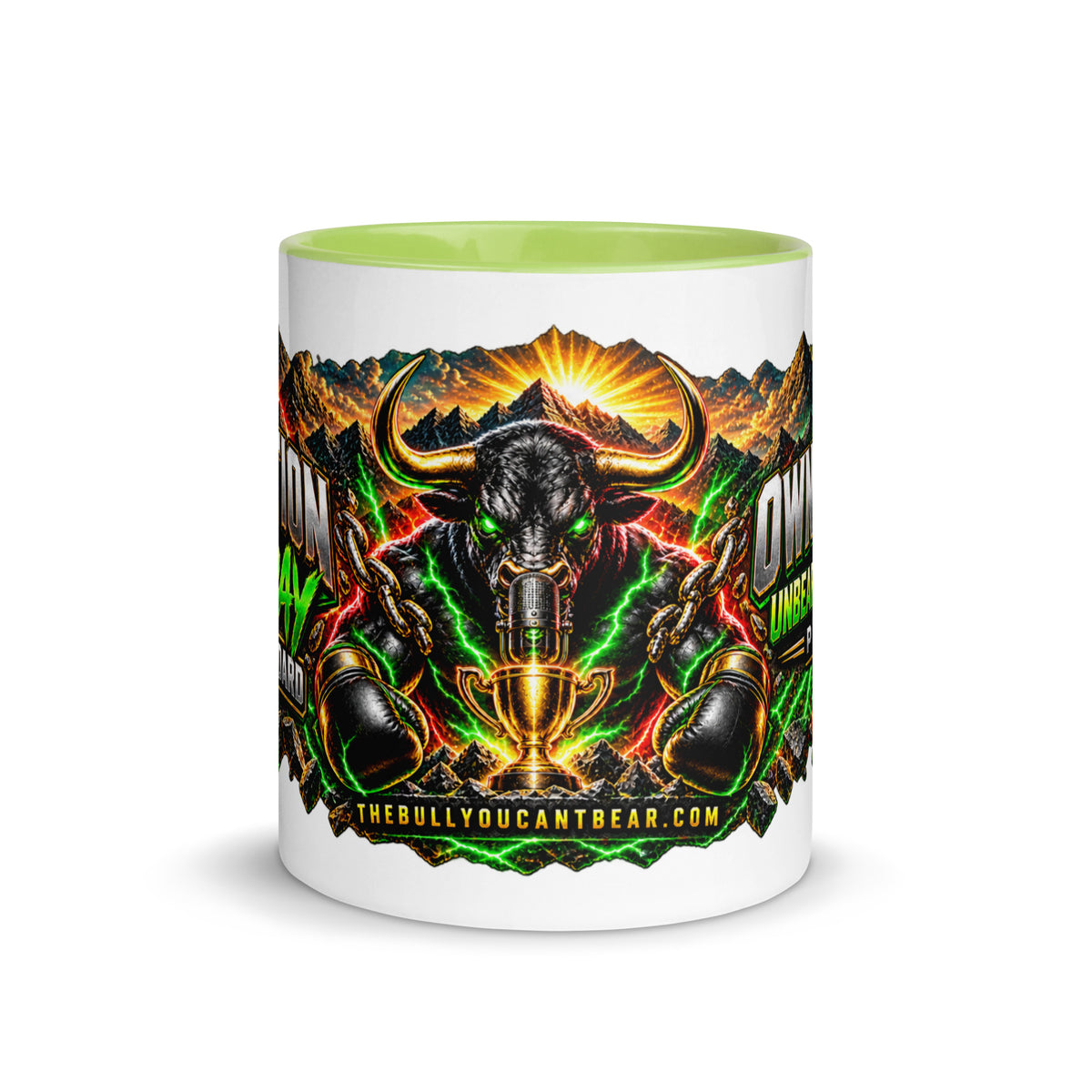 Motivation Monday Own The Week Mug with green interior, 11 oz, front view