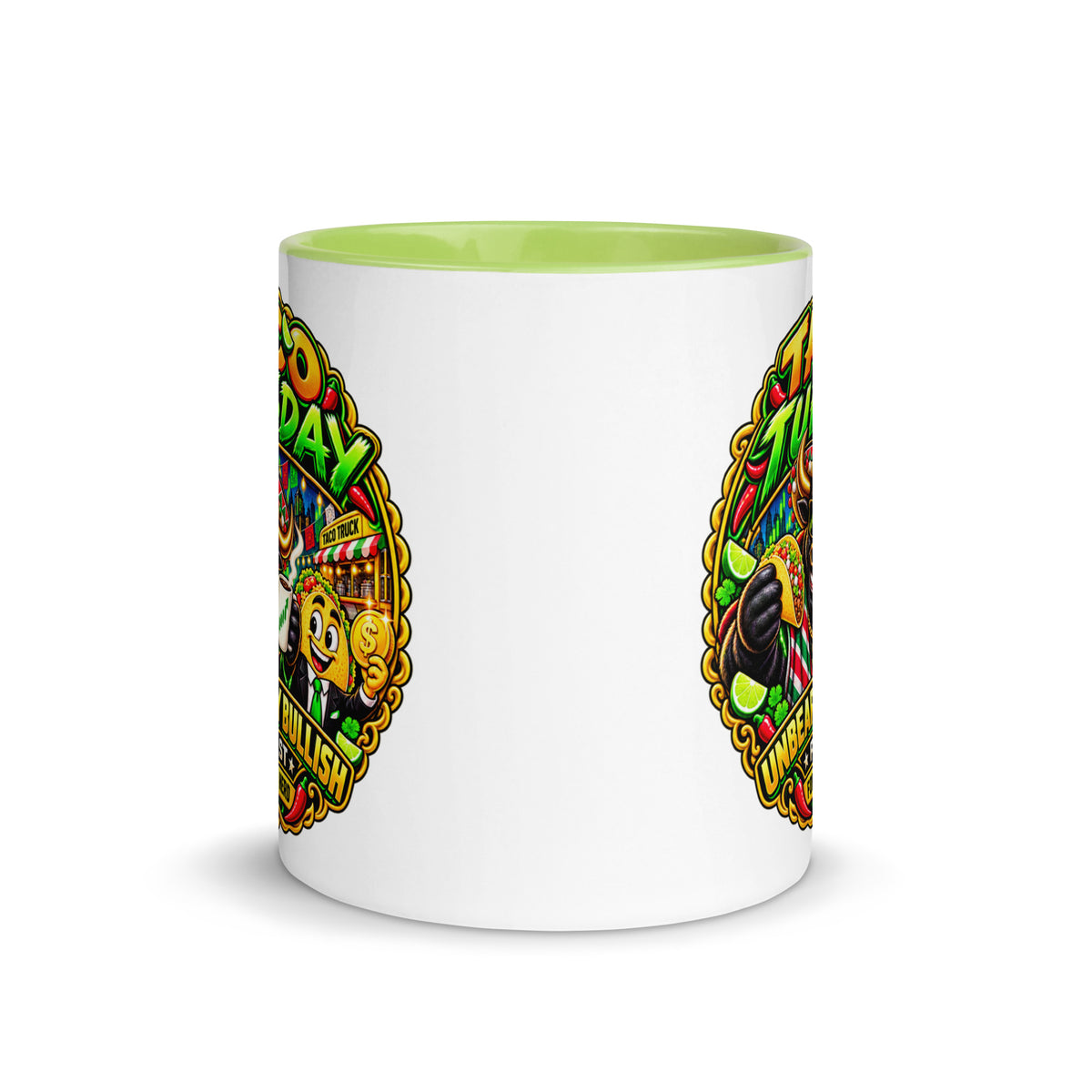 Taco Tuesday Mug with green interior, 11 oz, front view
