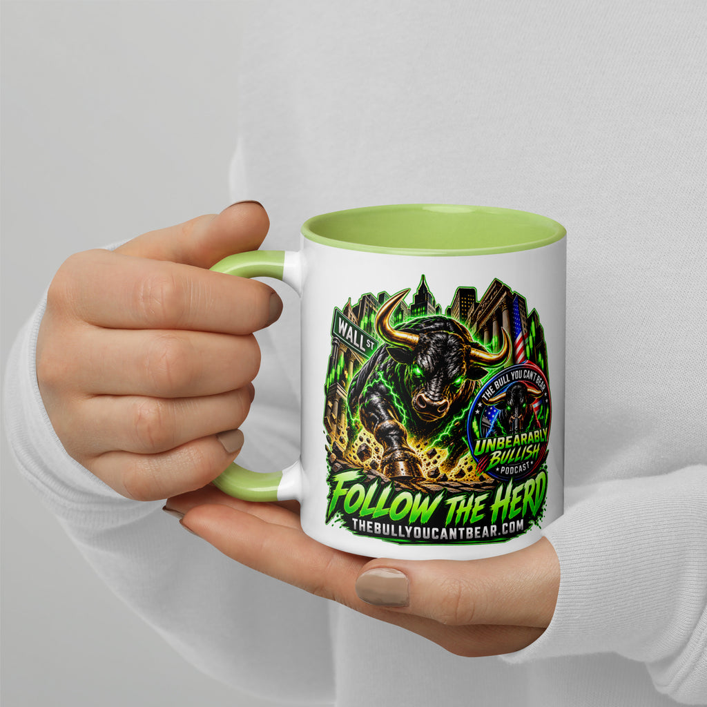 Charging Bull Follow The Herd Mug with lime green interior, 11 oz, left side alternate view