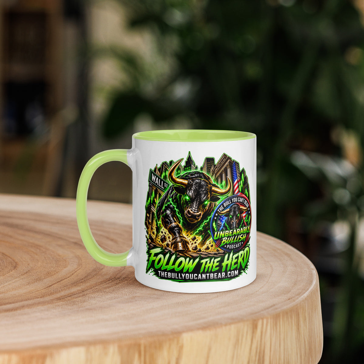 Charging Bull Follow The Herd Mug with lime green interior, 11 oz, left side