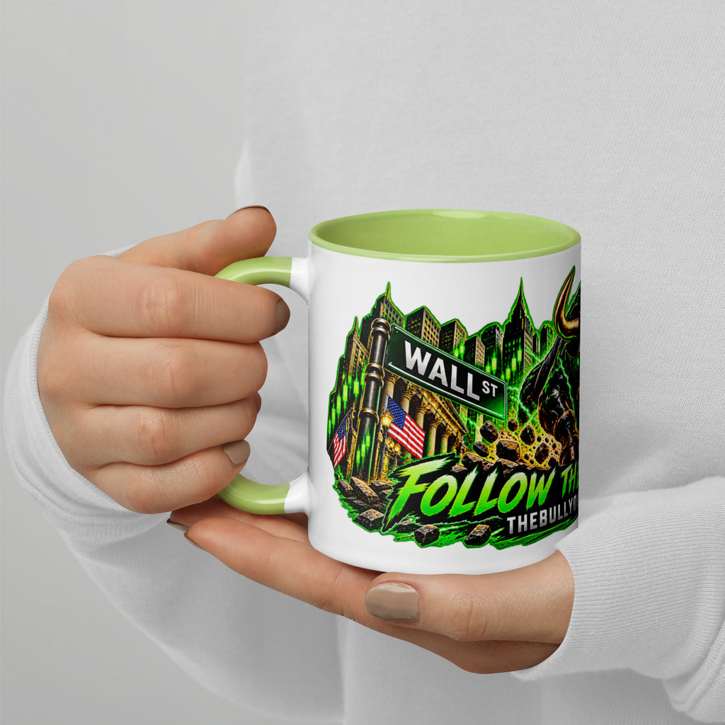 Wall Street Bull Panorama Wrap Mug with lime green interior, 11 oz, left side alternate view