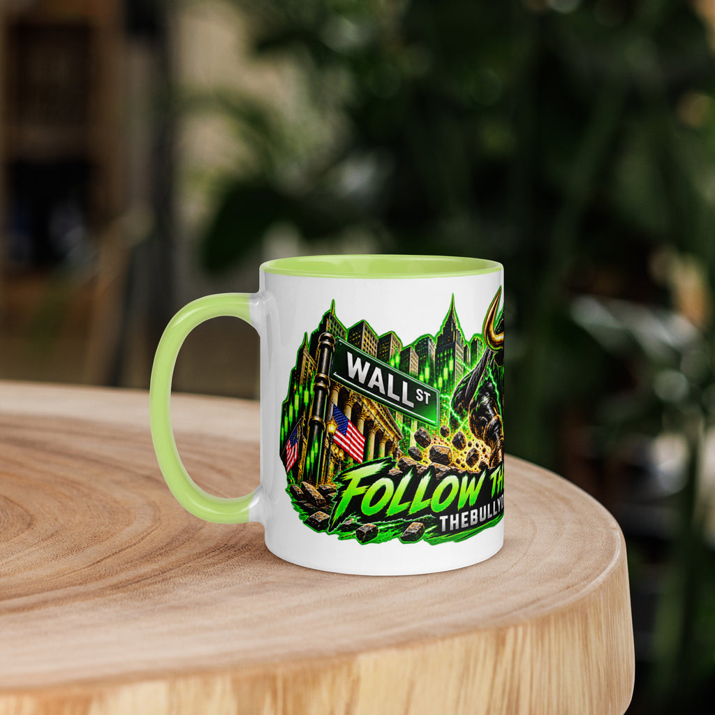 Wall Street Bull Panorama Wrap Mug with lime green interior, 11 oz, left side