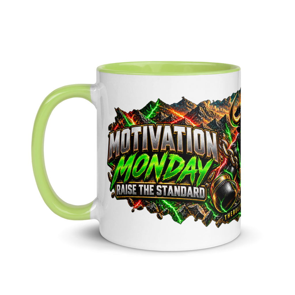 Motivation Monday Own The Week Mug with green interior, 11 oz, left side