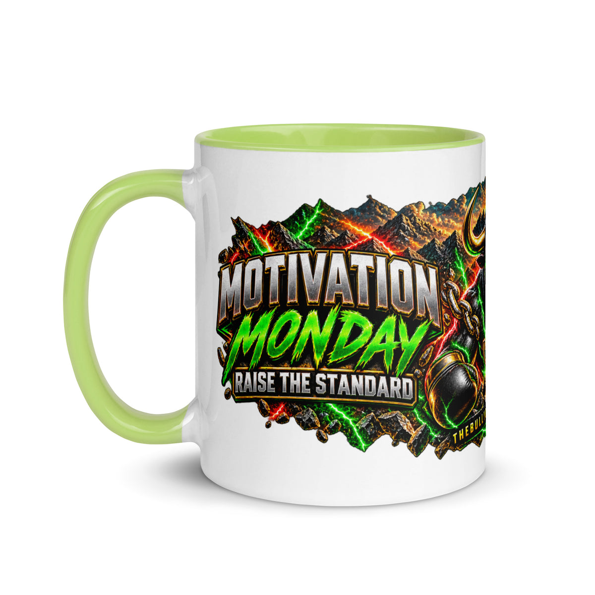 Motivation Monday Own The Week Mug with green interior, 11 oz, left side
