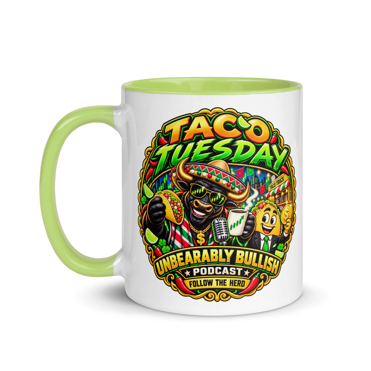 Taco Tuesday Mug with green interior, 11 oz, left side