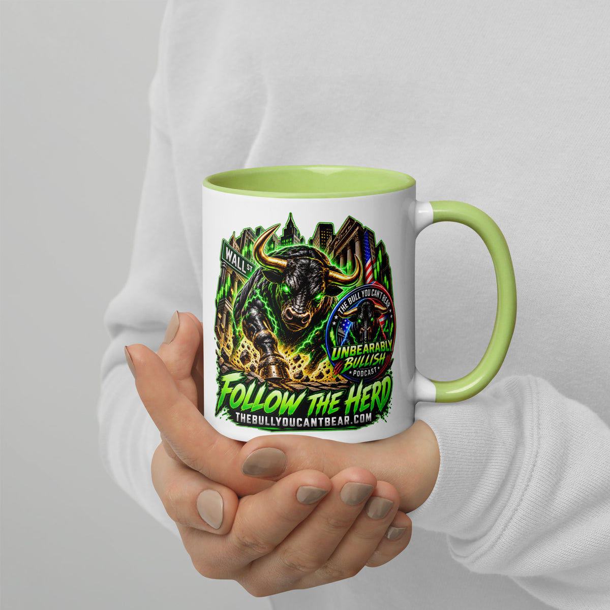 Charging Bull Follow The Herd Mug with lime green interior, 11 oz, right side alternate view