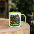 Charging Bull Follow The Herd Mug with lime green interior, 11 oz, right side