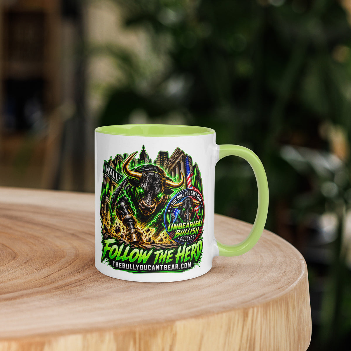Charging Bull Follow The Herd Mug with lime green interior, 11 oz, right side