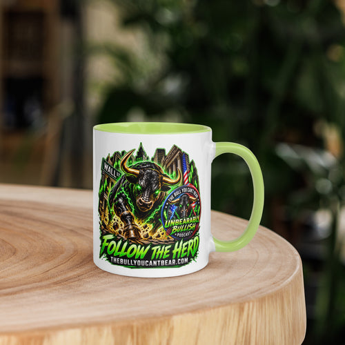 Charging Bull Follow The Herd Mug with lime green interior, 11 oz, right side