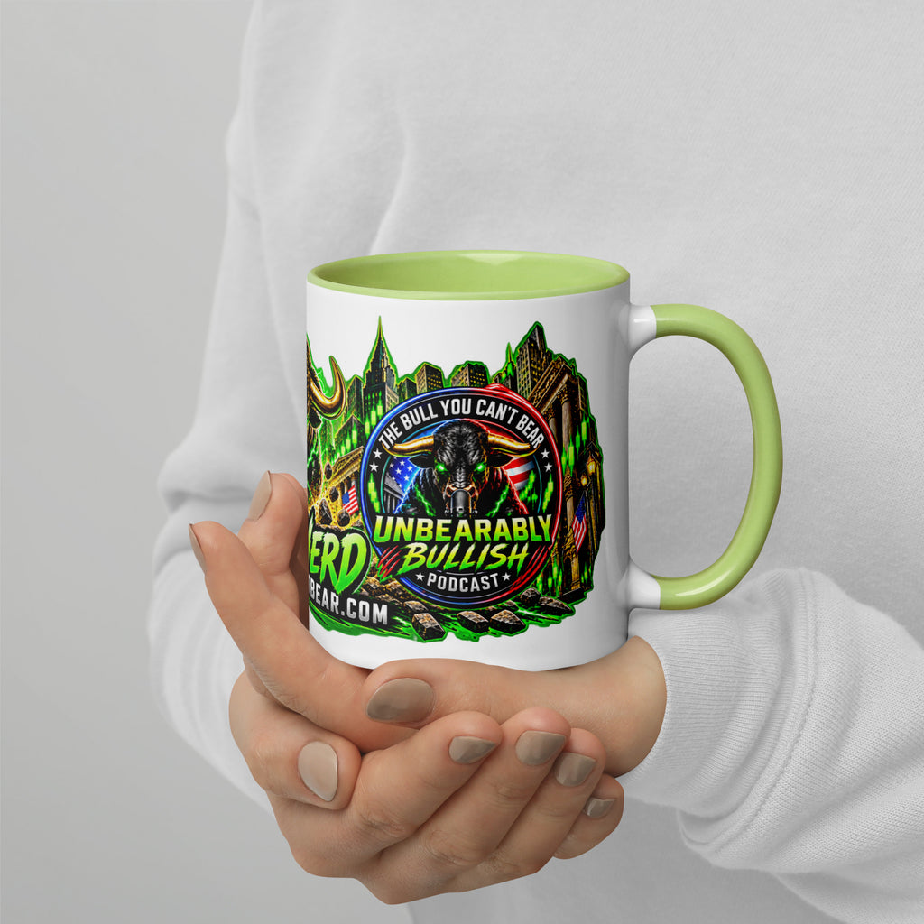 Wall Street Bull Panorama Wrap Mug with lime green interior, 11 oz, right side alternate view