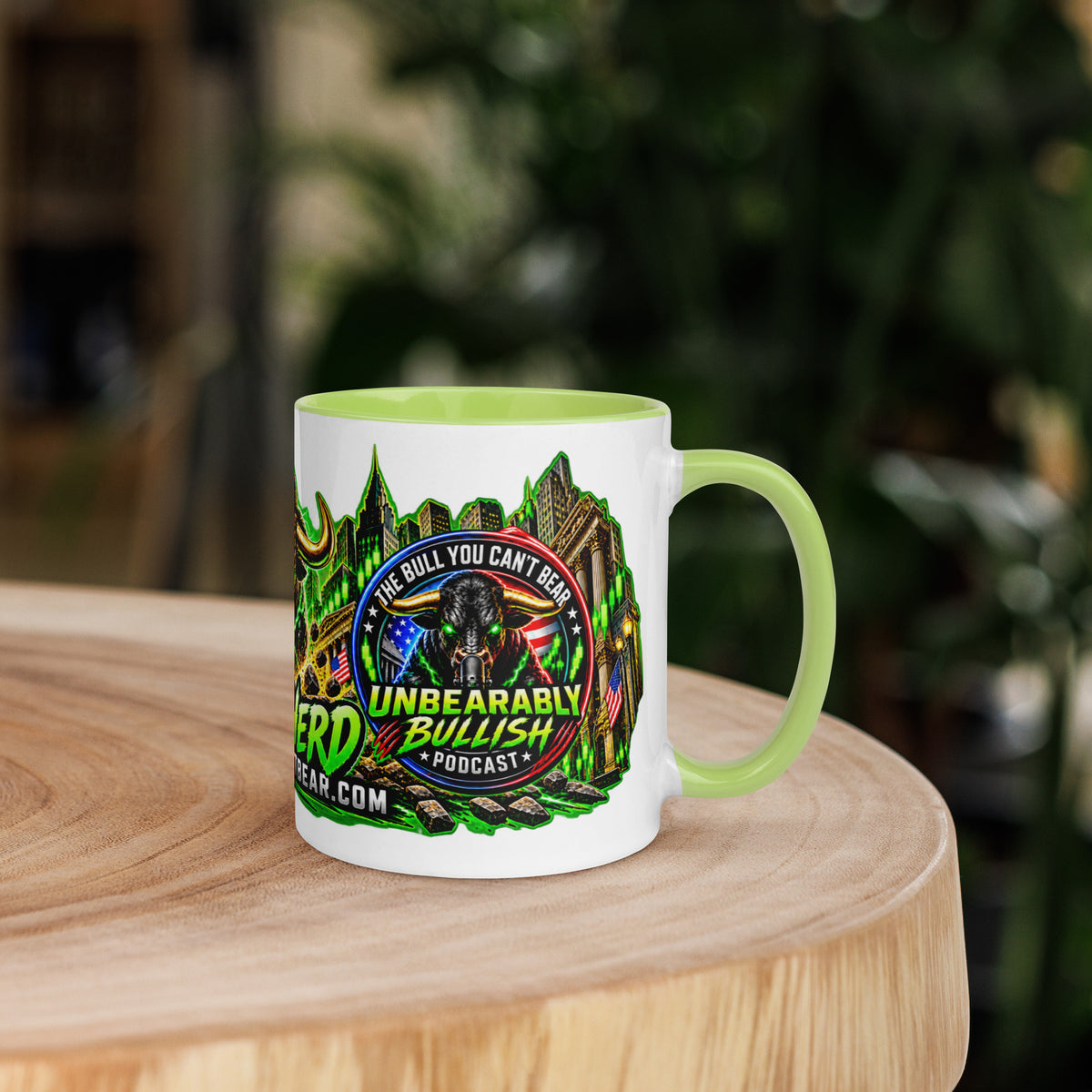 Wall Street Bull Panorama Wrap Mug with lime green interior, 11 oz, right side