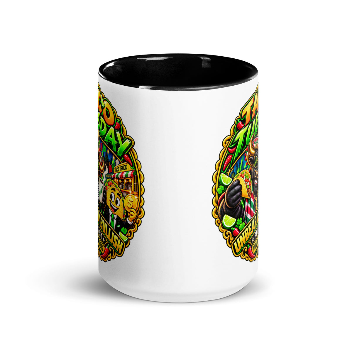 Taco Tuesday Mug with green interior, 15 oz, front view