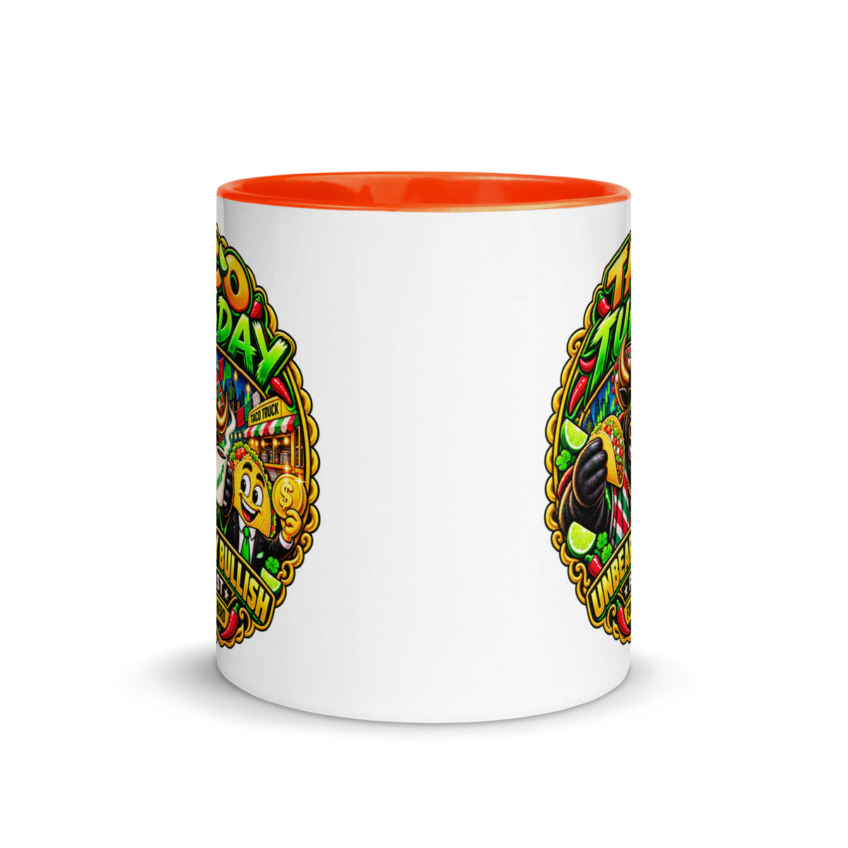 Taco Tuesday Mug with orange interior, 11 oz, front view