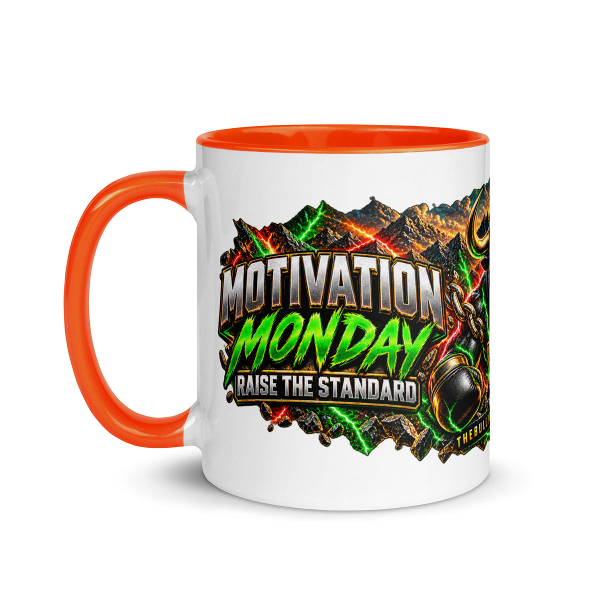 Motivation Monday Own The Week Mug with orange interior, 11 oz, left side