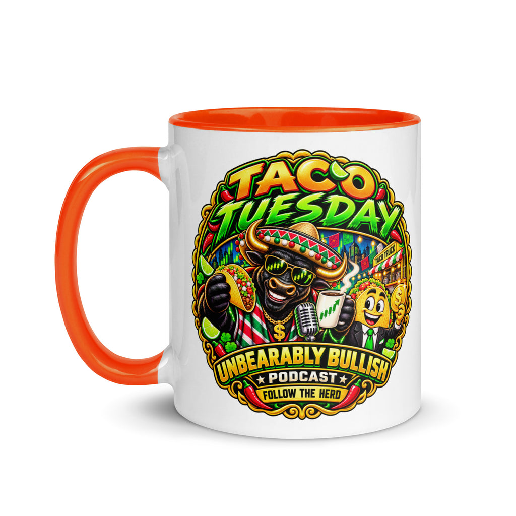 Taco Tuesday Mug with orange interior, 11 oz, left side