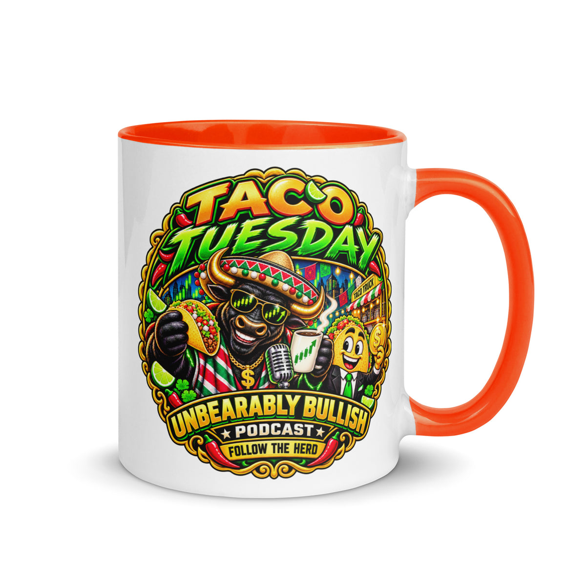 Taco Tuesday Mug with orange interior, 11 oz, right side