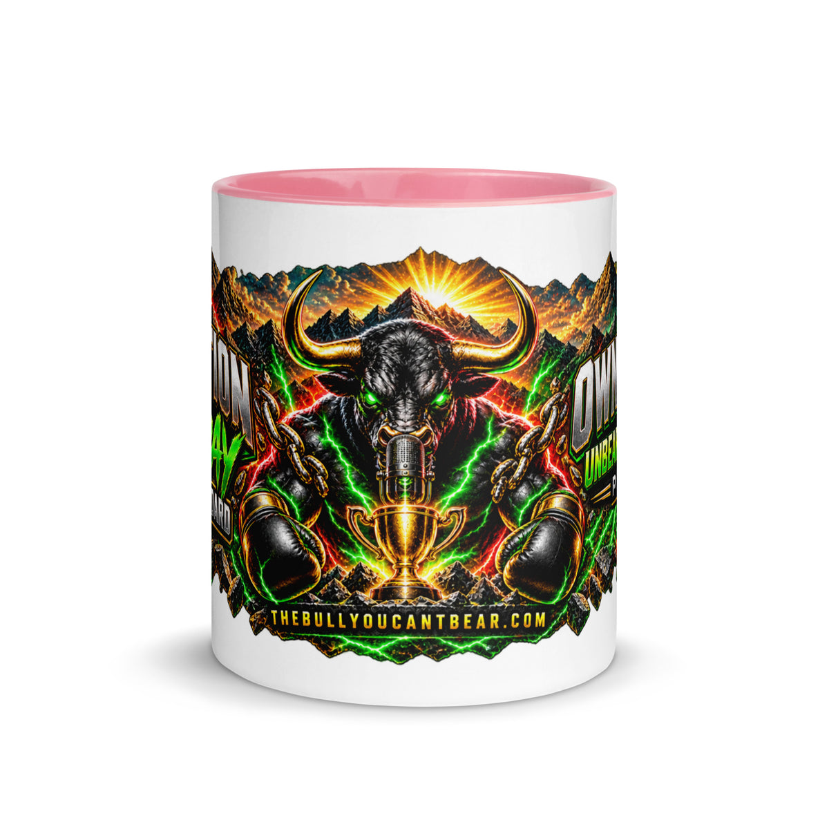 Motivation Monday Own The Week Mug with pink interior, 11 oz, front view