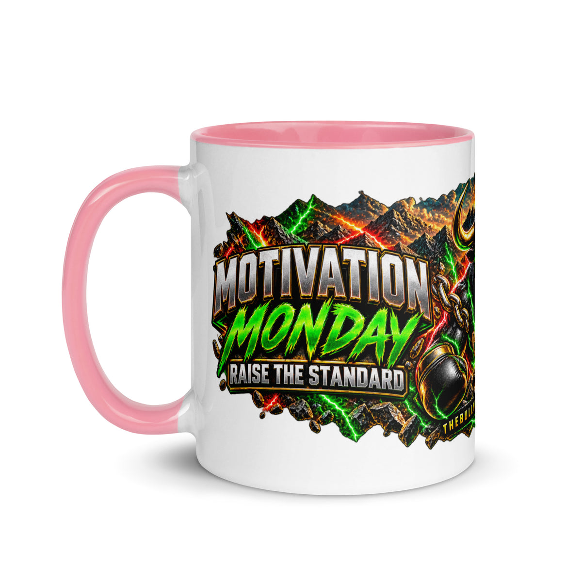 Motivation Monday Own The Week Mug with pink interior, 11 oz, left side