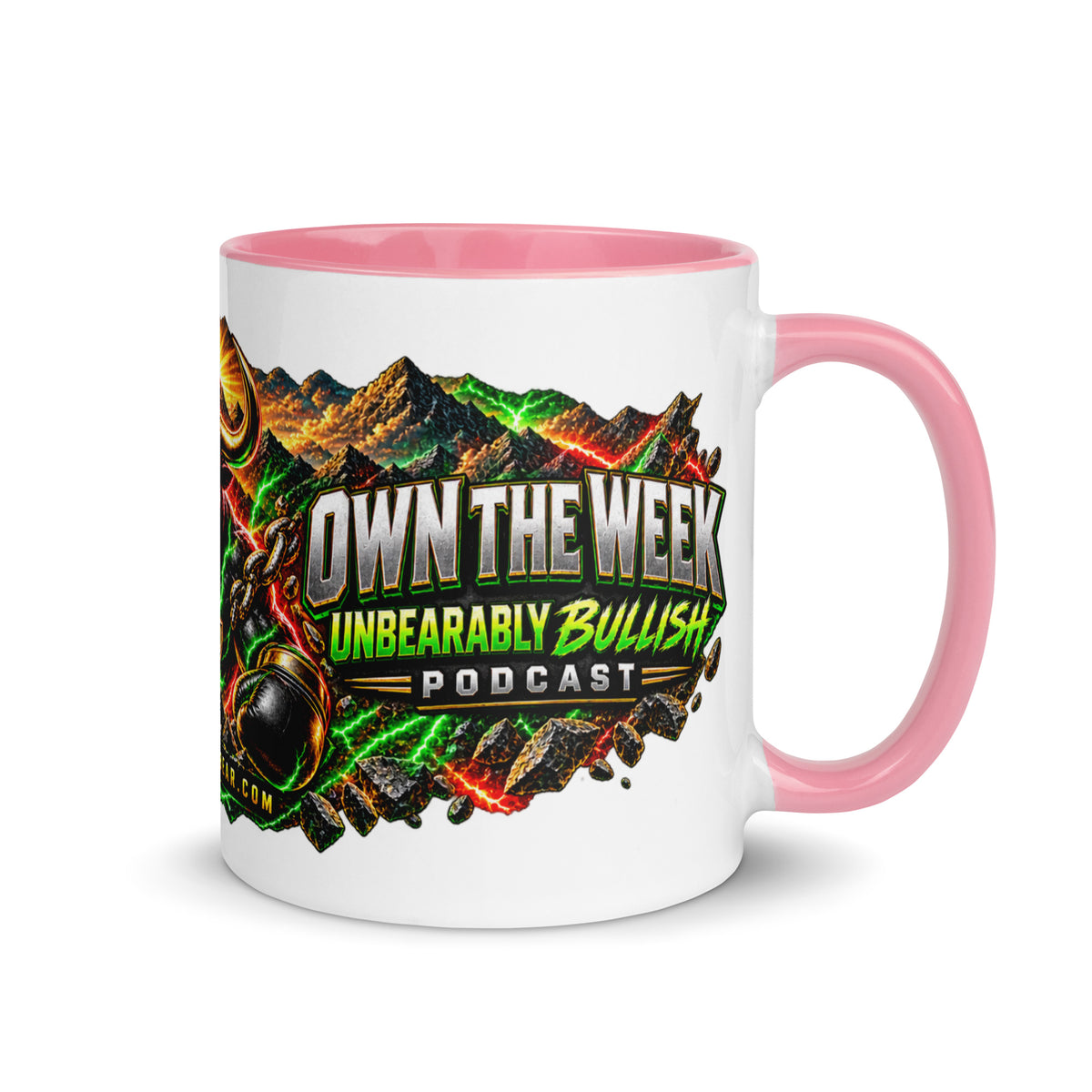 Motivation Monday Own The Week Mug with pink interior, 11 oz, right side