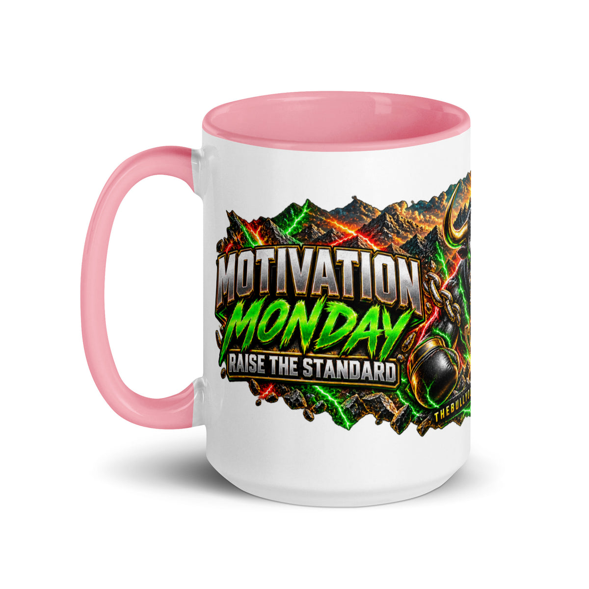 Motivation Monday Own The Week Mug with pink interior, 15 oz, left side