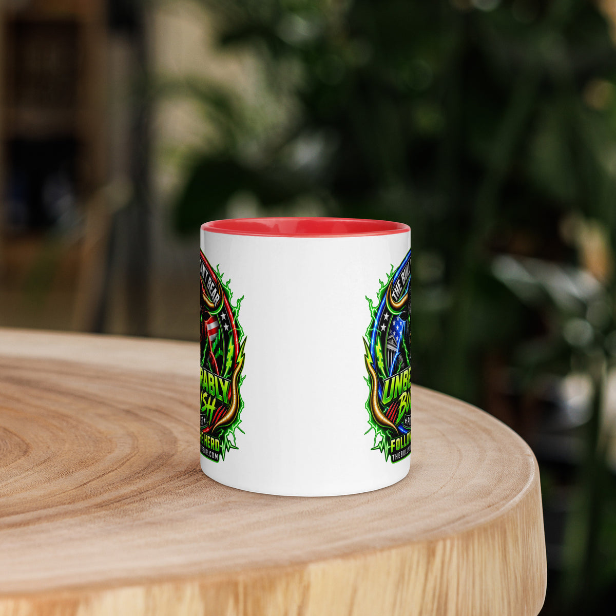 Unbearably Bullish Crest Mug with red interior, 11 oz, front view