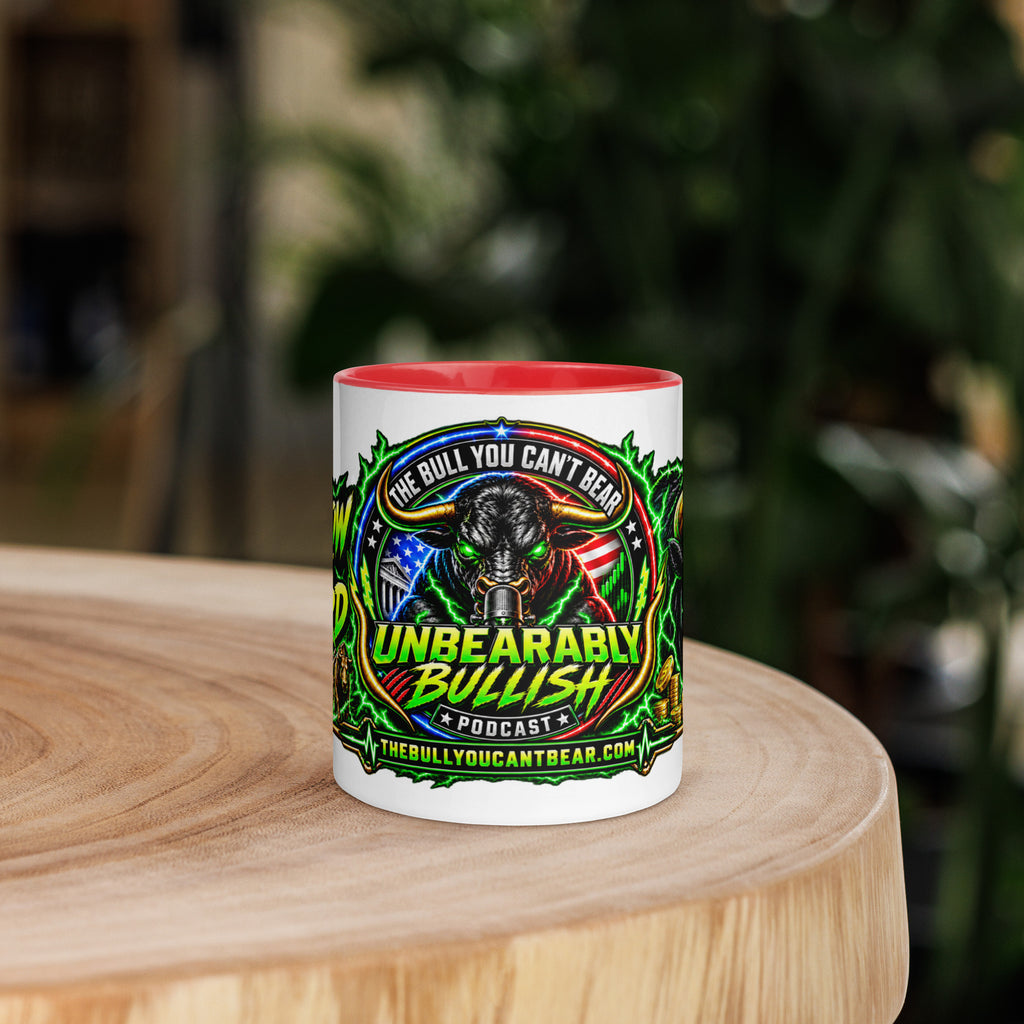 The Bull You Can't Bear Panorama Wrap Mug with red interior, 11 oz, front view