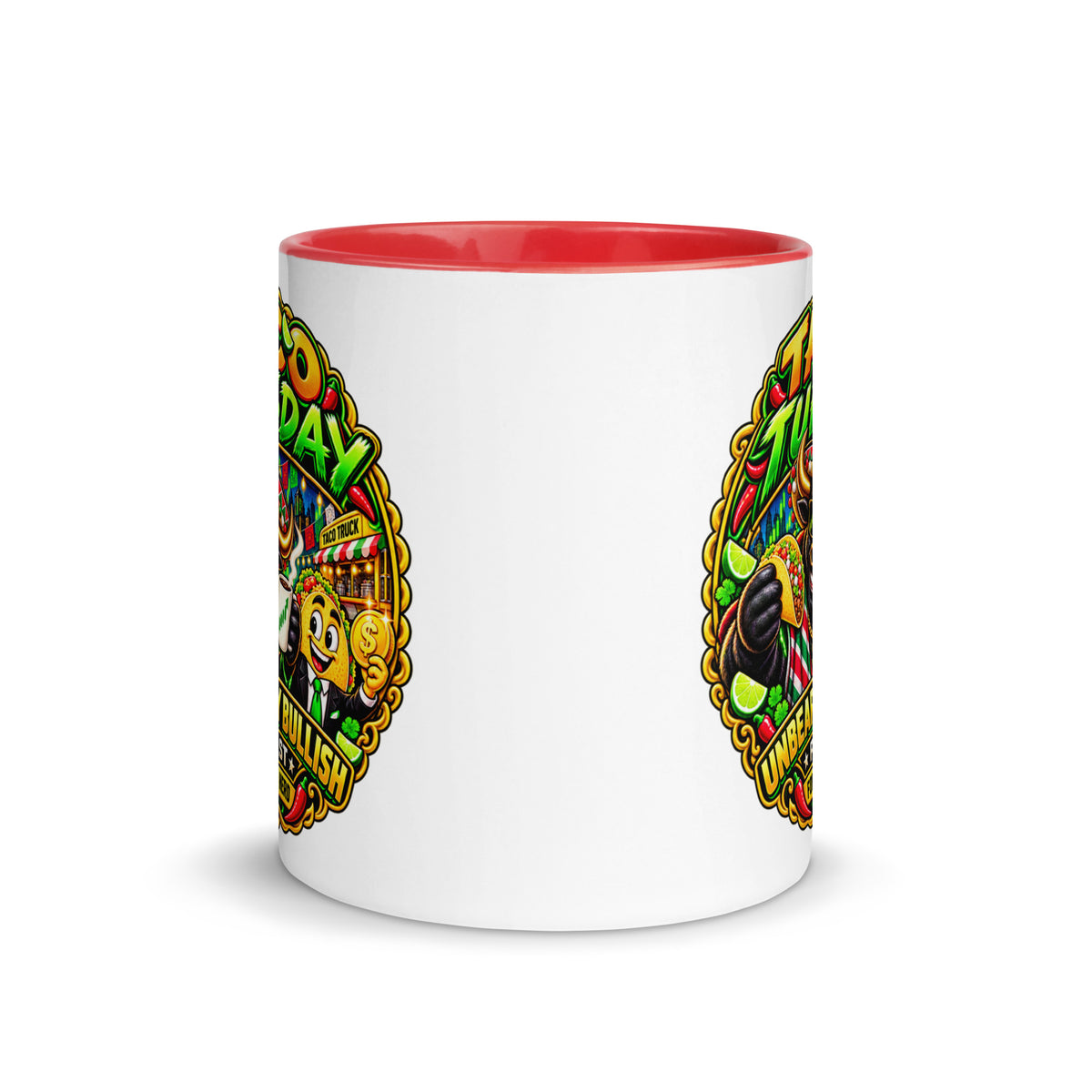 Taco Tuesday Mug with red interior, 11 oz, front view