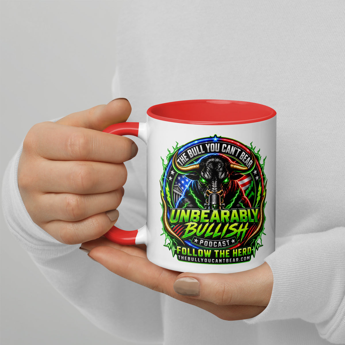 Unbearably Bullish Crest Mug with red interior, 11 oz, left side alternate view
