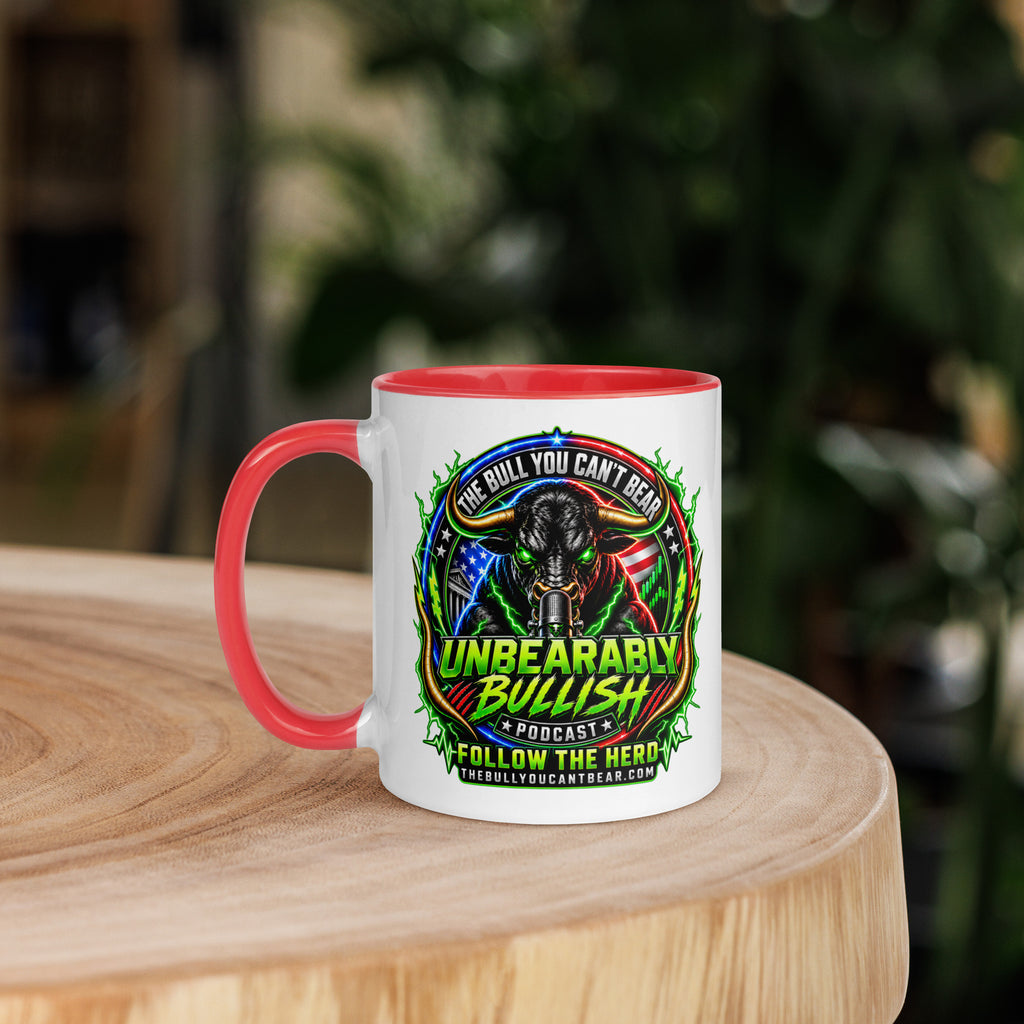 Unbearably Bullish Crest Mug with red interior, 11 oz, left side