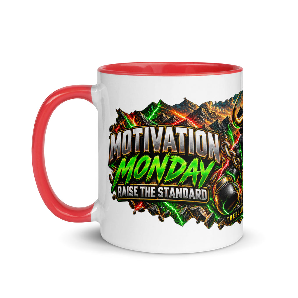 Motivation Monday Own The Week Mug with red interior, 11 oz, left side