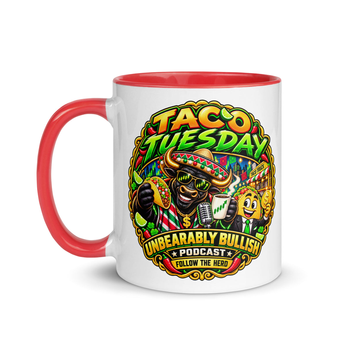 Taco Tuesday Mug with red interior, 11 oz, left side
